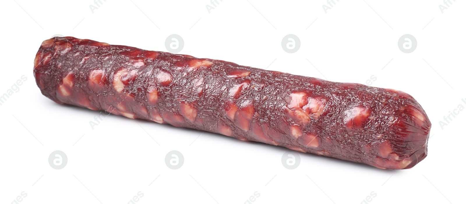 Photo of Delicious dry cured sausage isolated on white