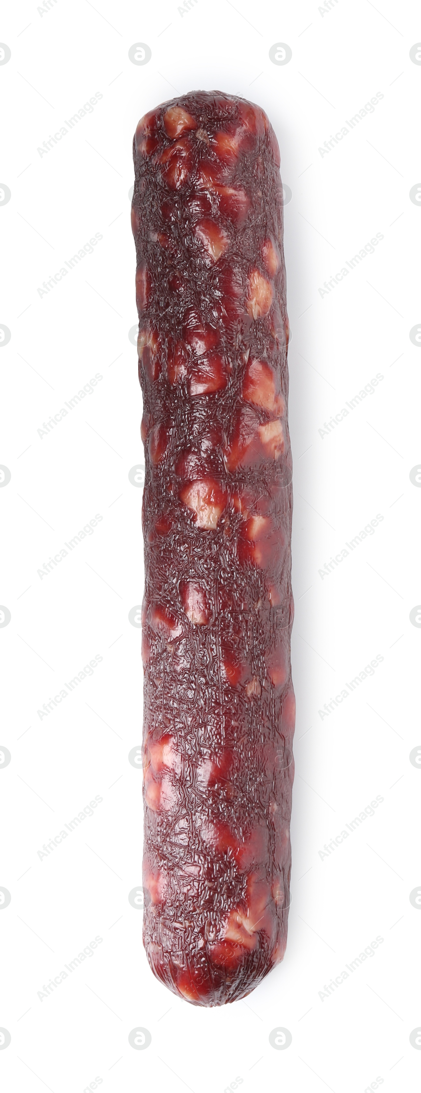 Photo of Delicious dry cured sausage isolated on white, top view