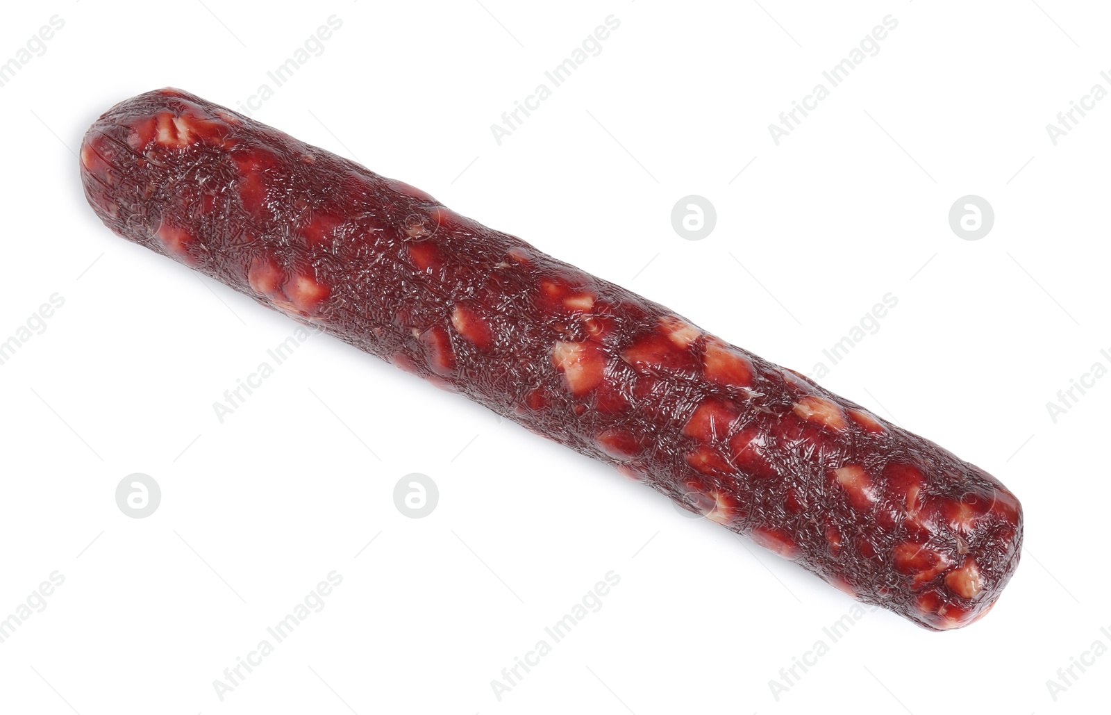 Photo of Delicious dry cured sausage isolated on white, top view