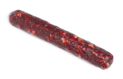 Photo of Delicious dry cured sausage isolated on white, top view