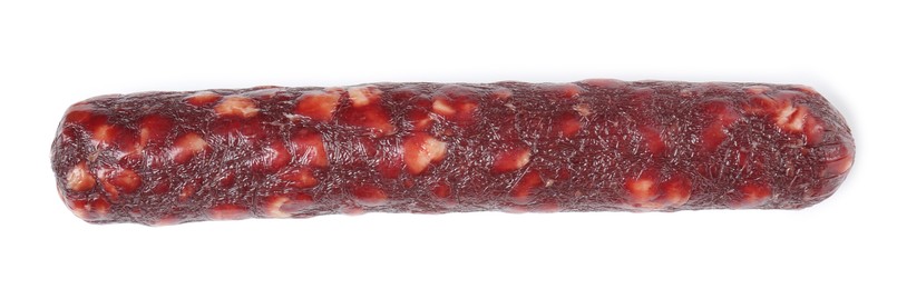 Photo of Delicious dry cured sausage isolated on white, top view