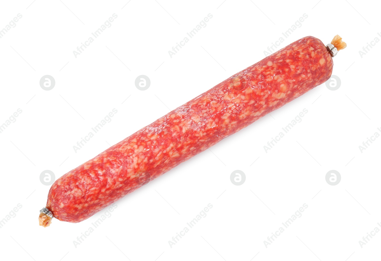 Photo of Delicious dry cured sausage isolated on white, top view