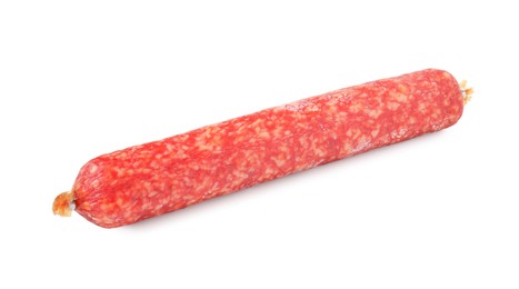 Photo of Delicious dry cured sausage isolated on white