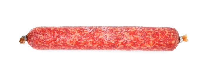 Photo of Delicious dry cured sausage isolated on white, top view