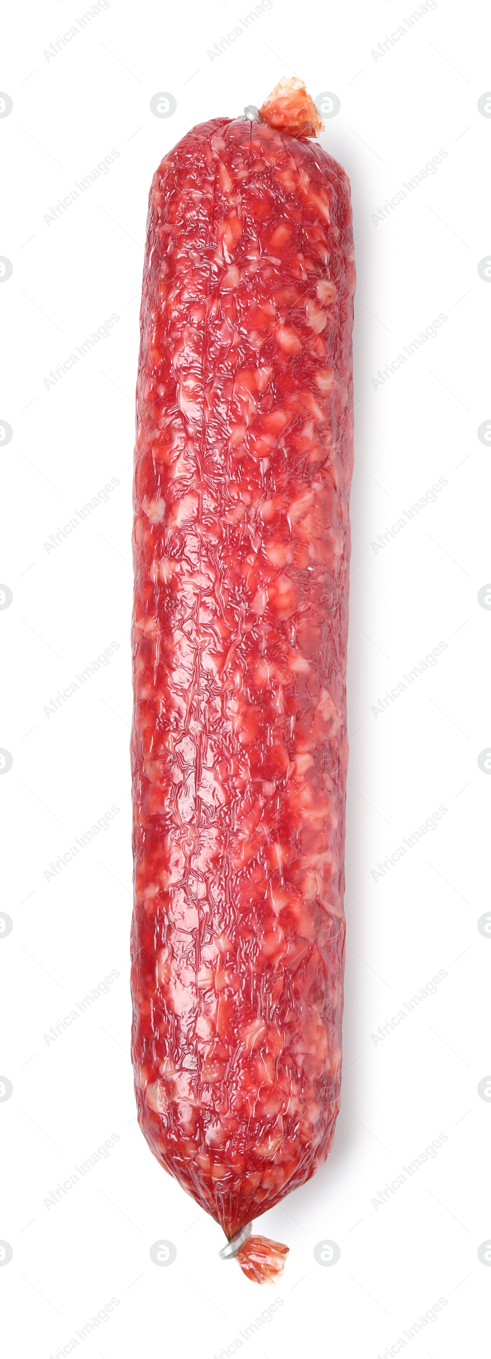 Photo of Delicious dry cured sausage isolated on white, top view