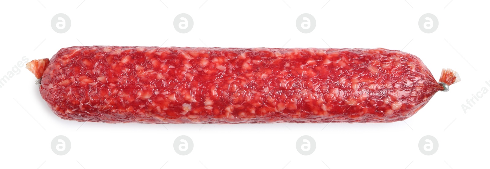 Photo of Delicious dry cured sausage isolated on white, top view