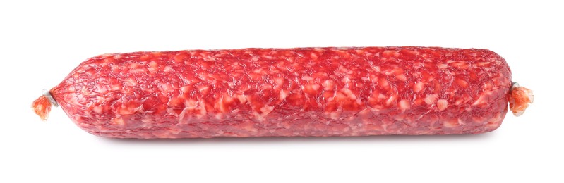 Photo of Delicious dry cured sausage isolated on white