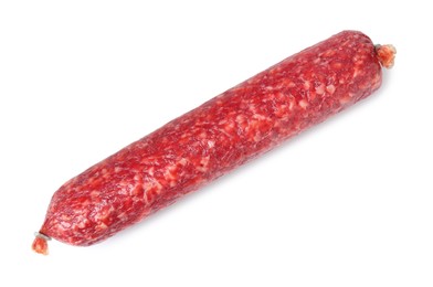 Photo of Delicious dry cured sausage isolated on white, top view