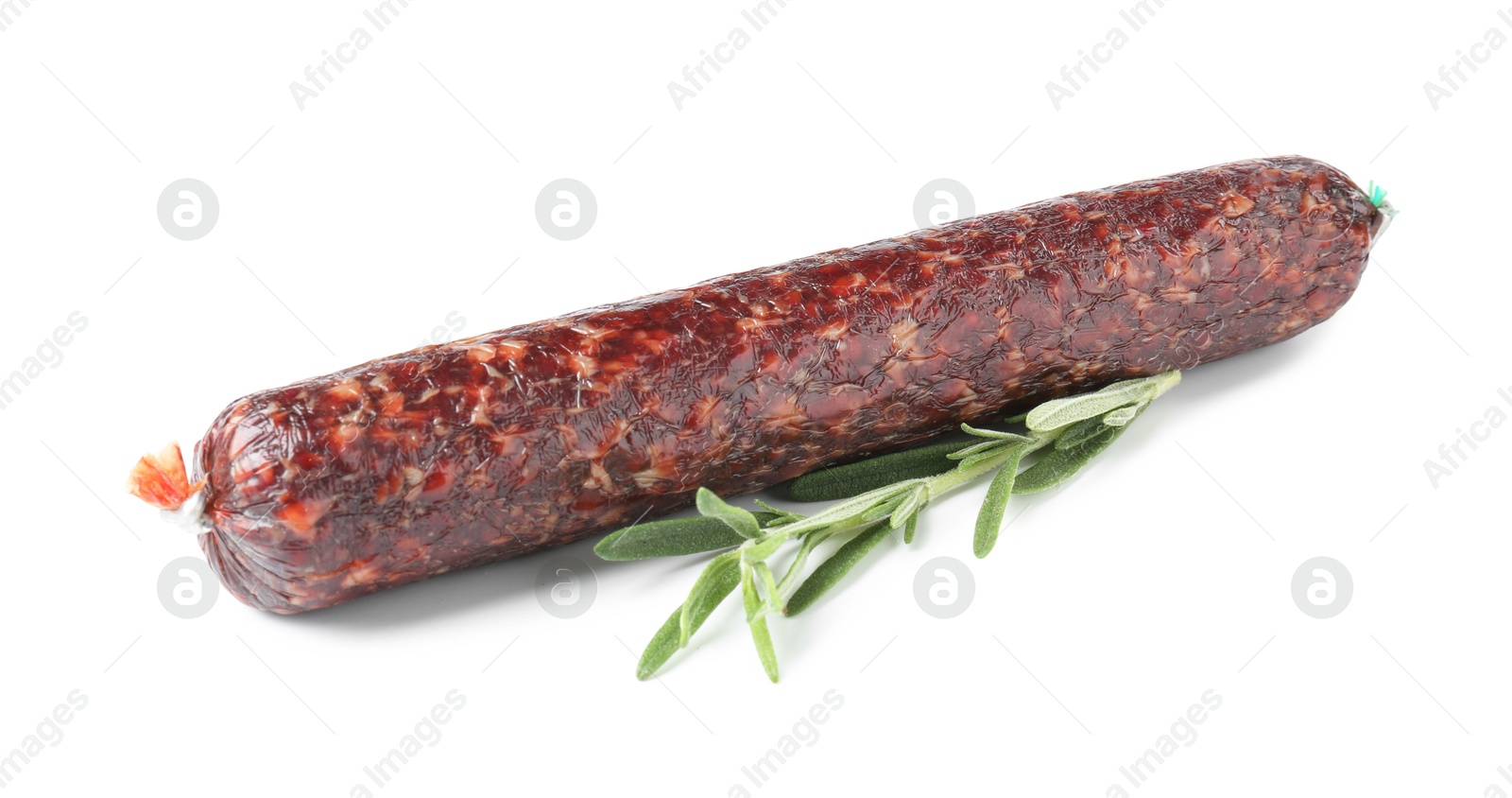 Photo of Delicious dry cured sausage with rosemary isolated on white