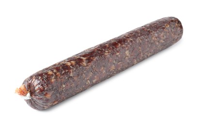 Photo of Delicious dry cured sausage isolated on white