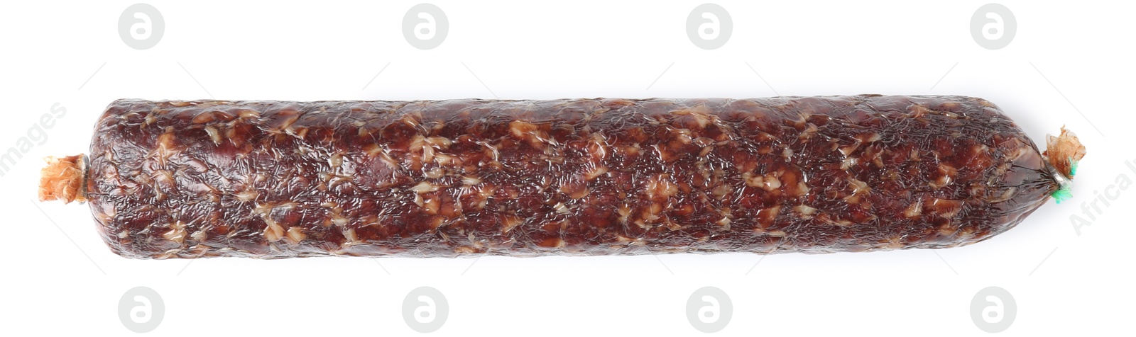 Photo of Delicious dry cured sausage isolated on white, top view