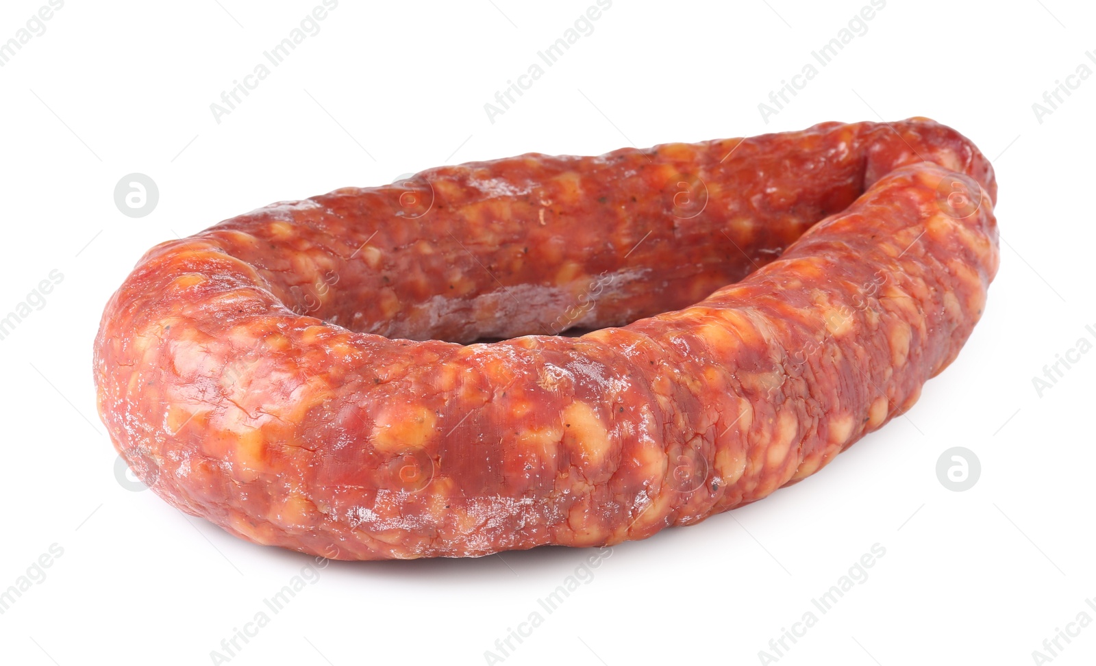 Photo of Delicious dry cured sausage isolated on white