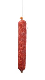 Photo of One delicious dry cured sausage isolated on white