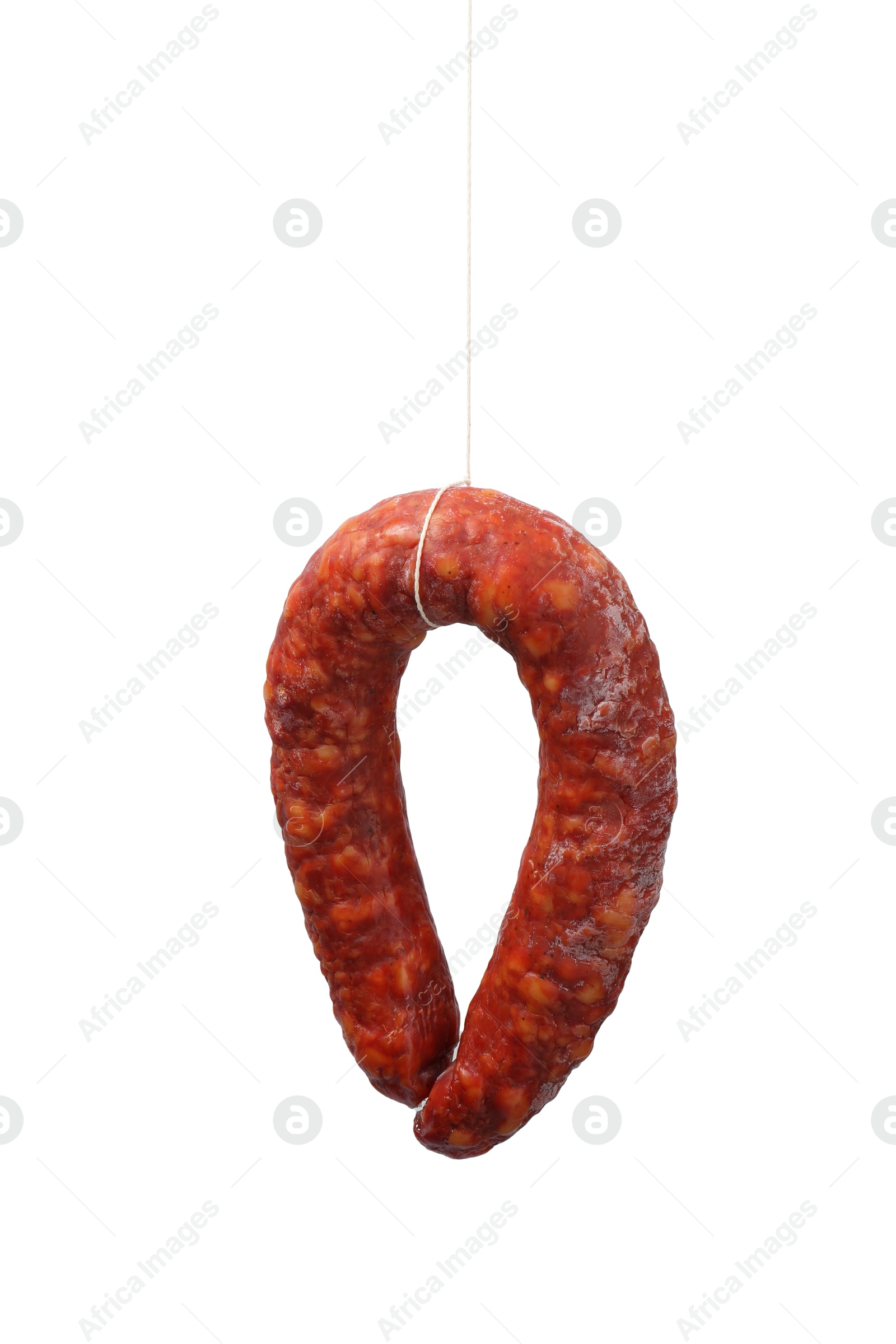 Photo of One delicious dry cured sausage isolated on white