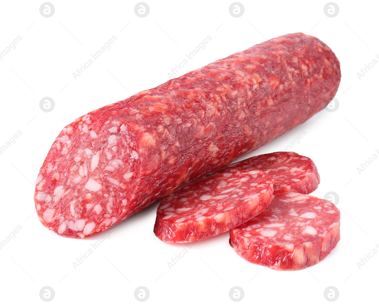 Photo of Delicious dry cured sausage isolated on white