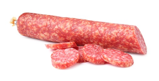 Photo of Delicious dry cured sausage isolated on white