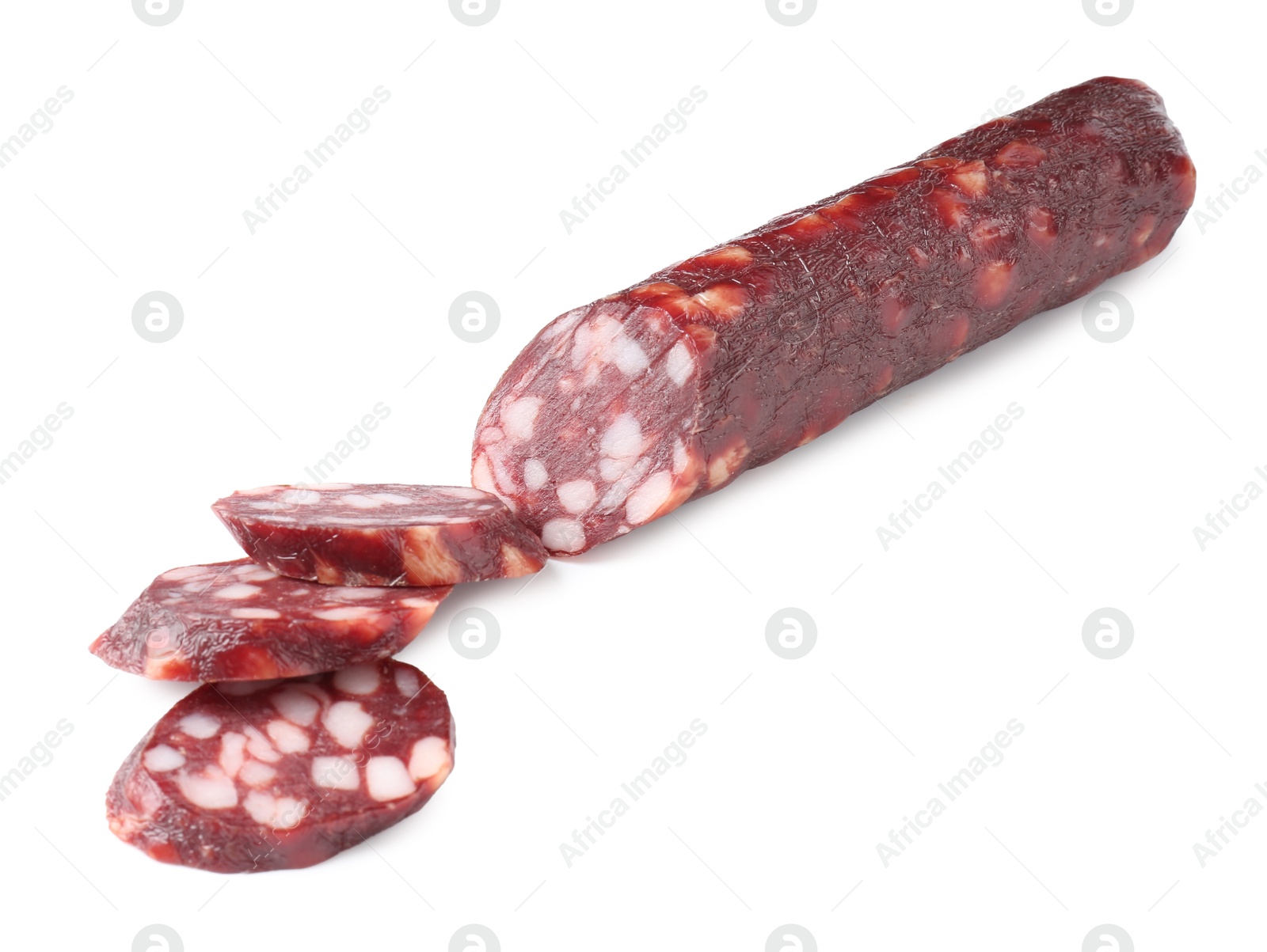 Photo of Delicious dry cured sausage isolated on white