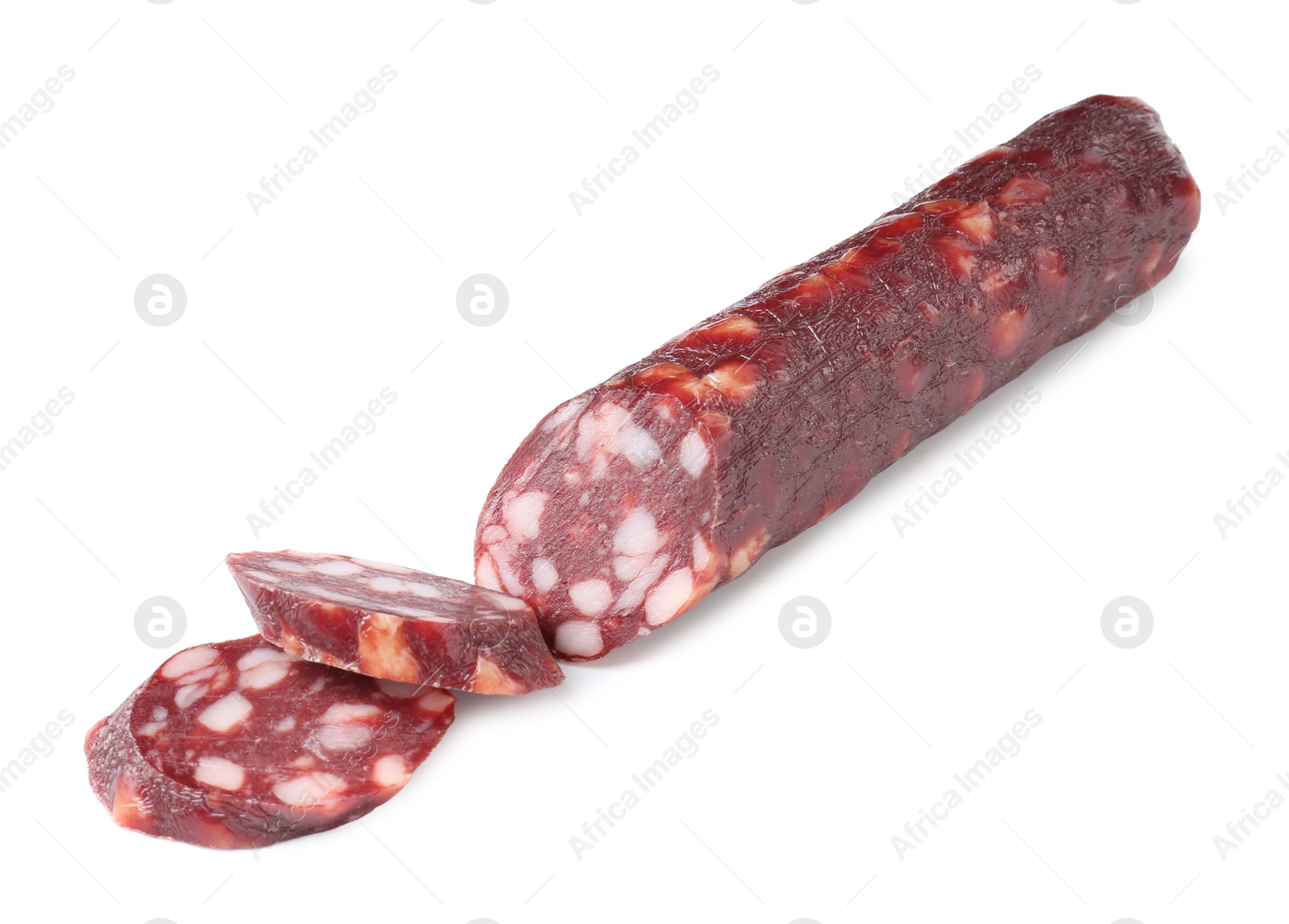 Photo of Delicious dry cured sausage isolated on white