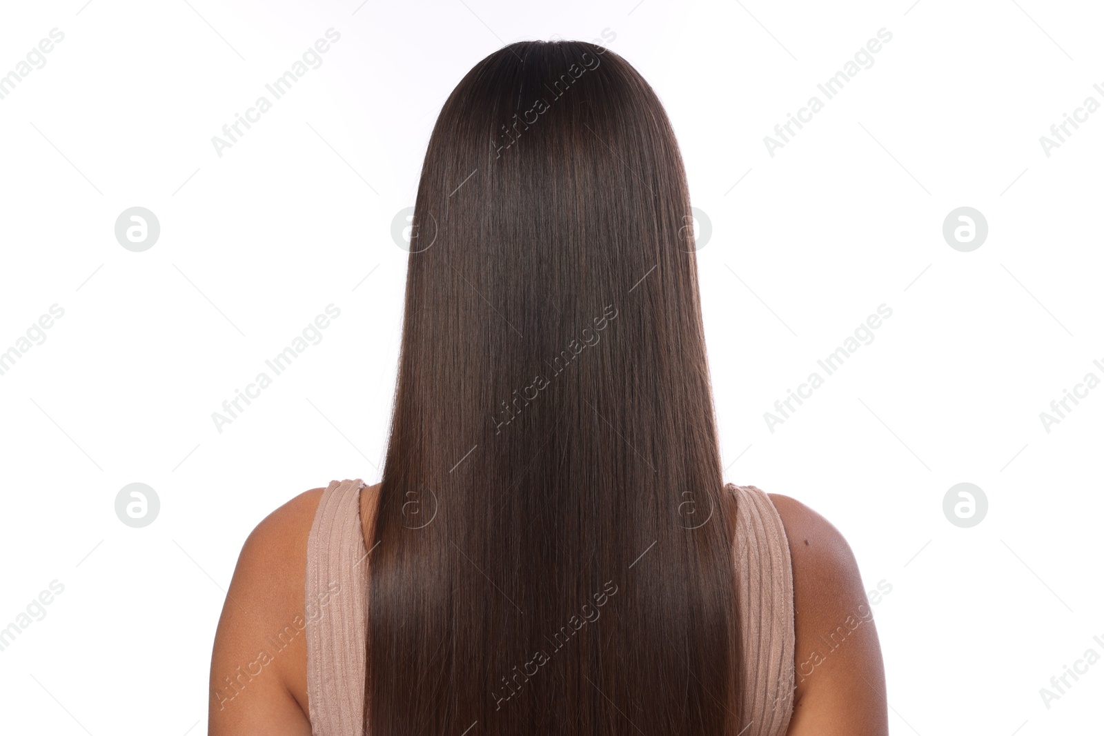 Photo of Hair styling. Woman with straight long hair on white background, back view