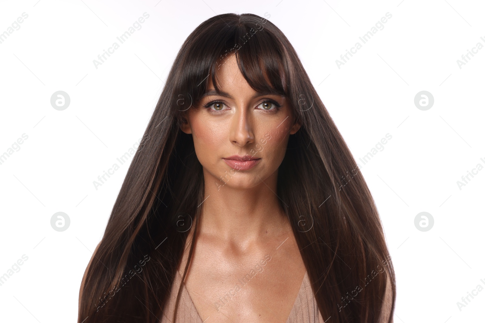 Photo of Hair styling. Portrait of beautiful woman with straight long hair on white background