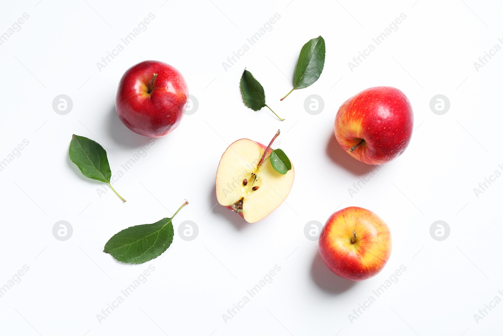 Photo of Flat lay composition with whole and cut apples on white background