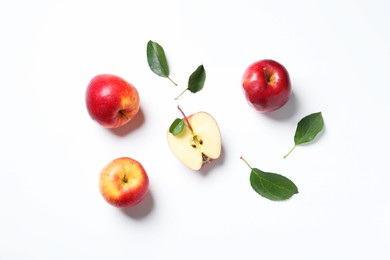 Photo of Flat lay composition with whole and cut apples on white background