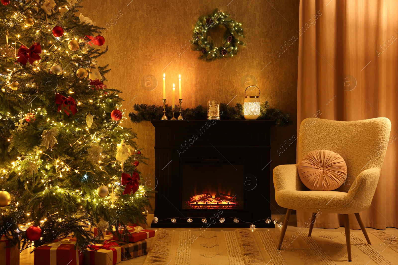 Photo of Cozy room with Christmas tree, fireplace and armchair. Interior design for holiday