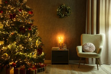 Cozy room with Christmas, cabinet and armchair. Interior design for holiday