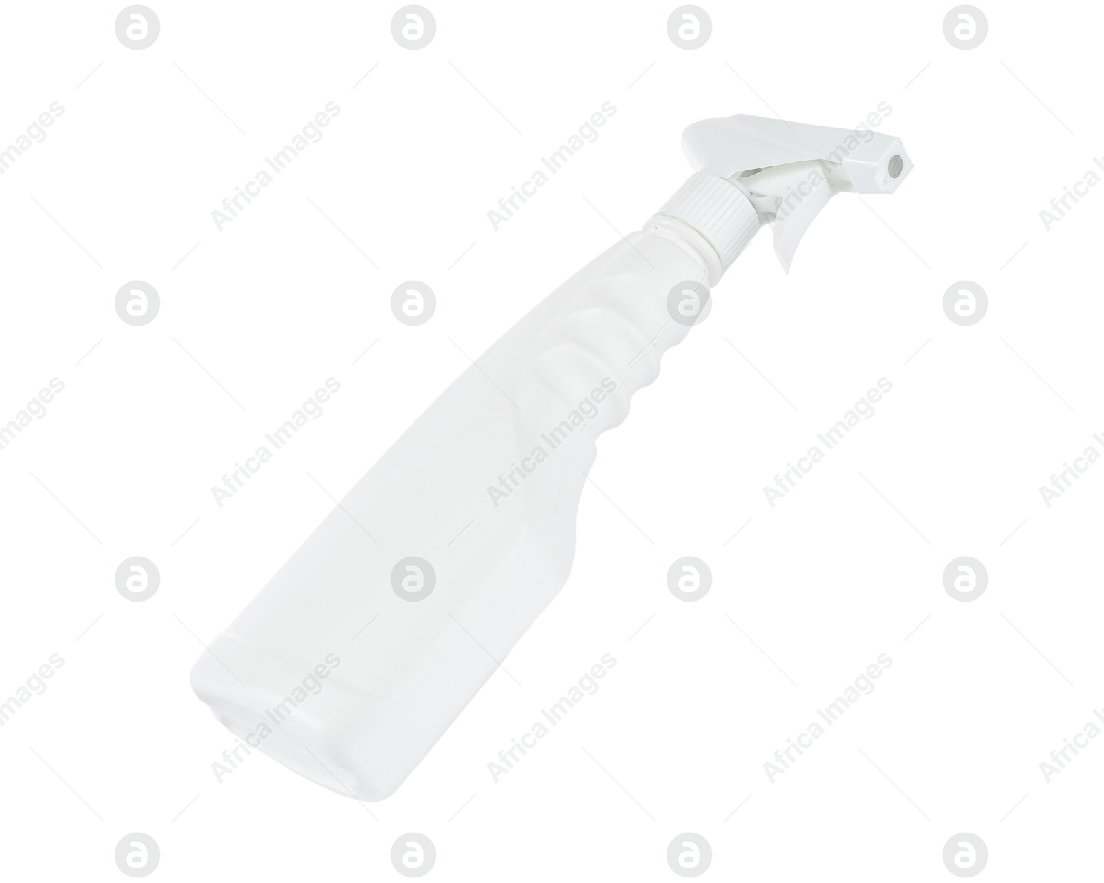 Photo of Spray bottle of cleaning product in air isolated on white