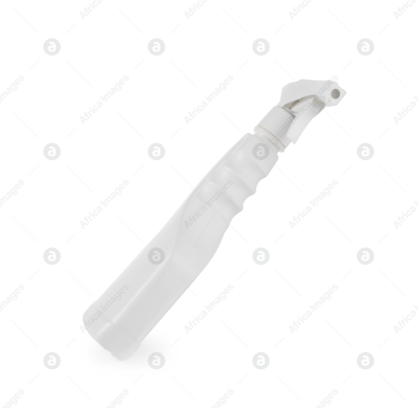 Photo of Spray bottle of cleaning product in air isolated on white