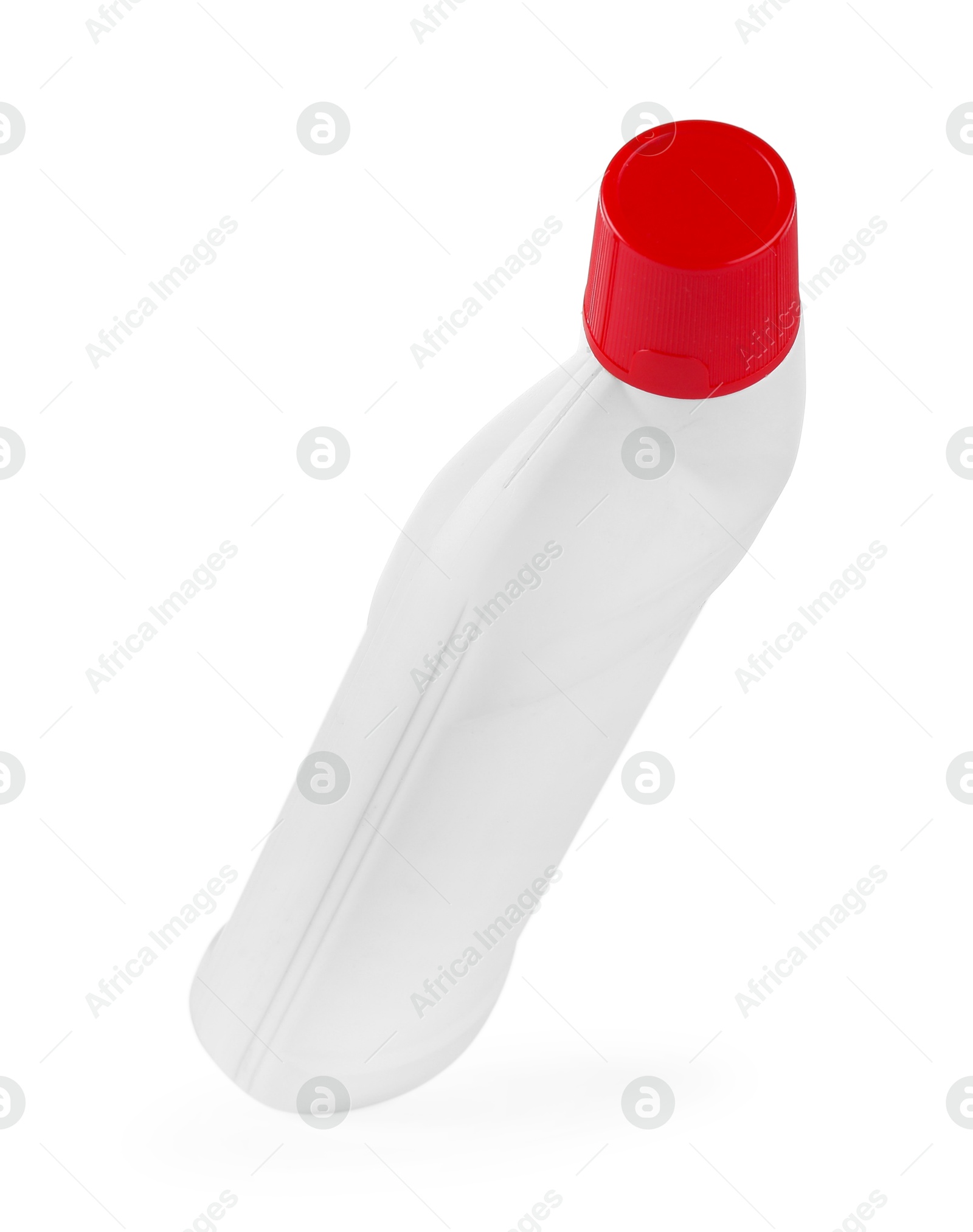 Photo of Bottle of cleaning product in air isolated on white