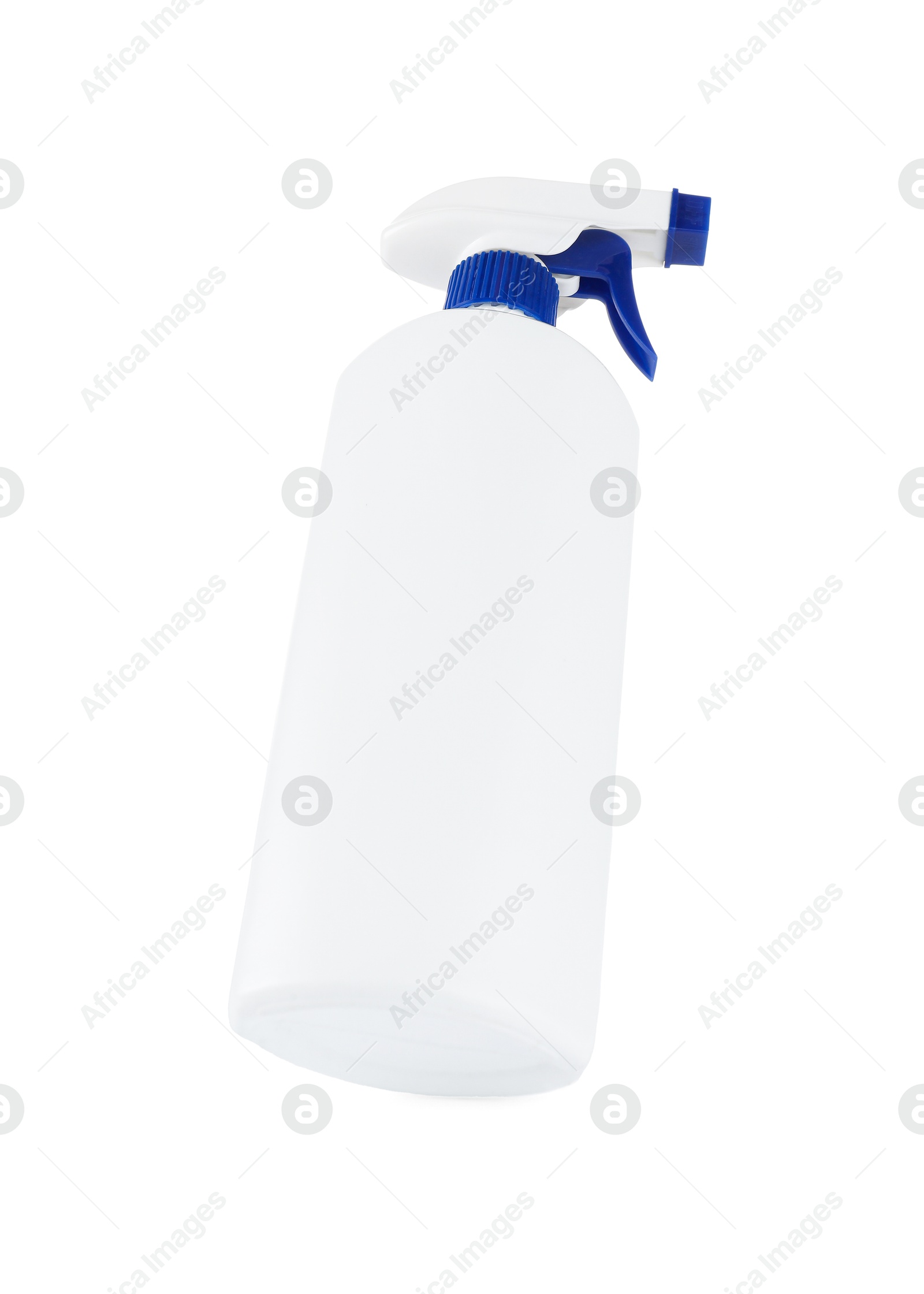 Photo of Spray bottle of cleaning product in air isolated on white