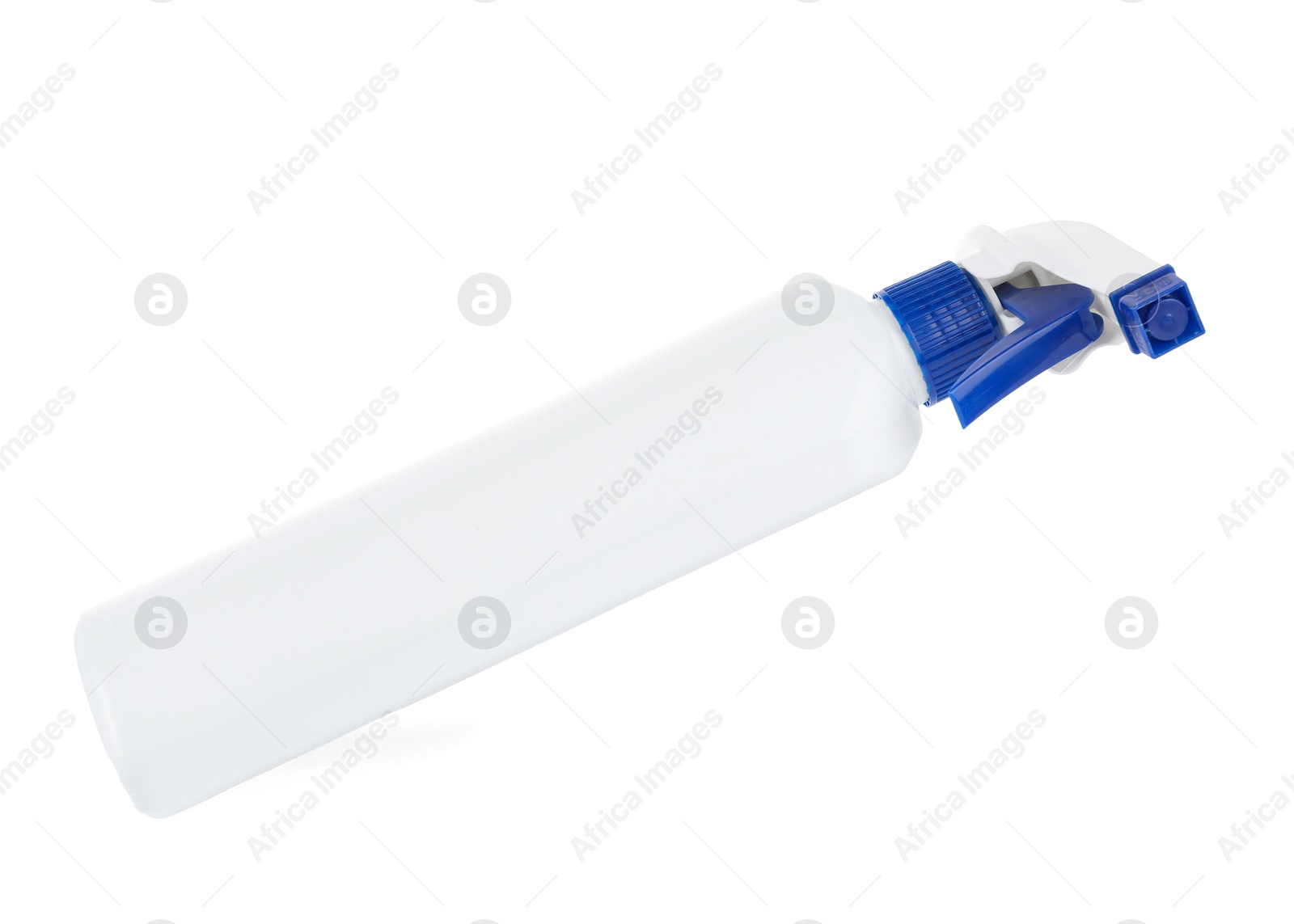 Photo of Spray bottle of cleaning product in air isolated on white