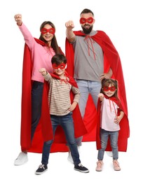 Photo of Parents and their children wearing superhero costumes on white background