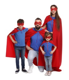 Photo of Parents and their children wearing superhero costumes on white background