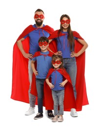 Photo of Parents and their children wearing superhero costumes on white background