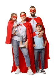 Photo of Parents and their children wearing superhero costumes on white background