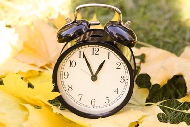 Photo of Autumn time. Alarm clock among fallen leaves on green grass, closeup