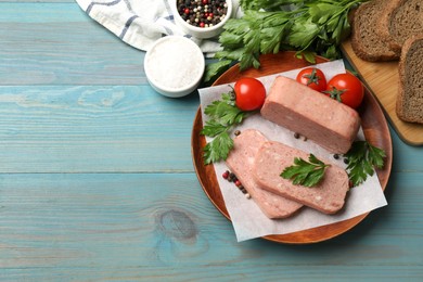 Pieces of tasty canned meat, parsley, spices and tomatoes on light blue wooden table, flat lay. Space for text