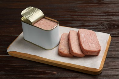 Photo of Canned meat in tin can on wooden table