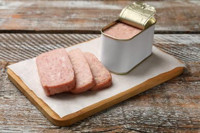 Photo of Canned meat in tin can on wooden table