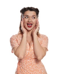 Photo of Surprised pin-up woman posing on white background