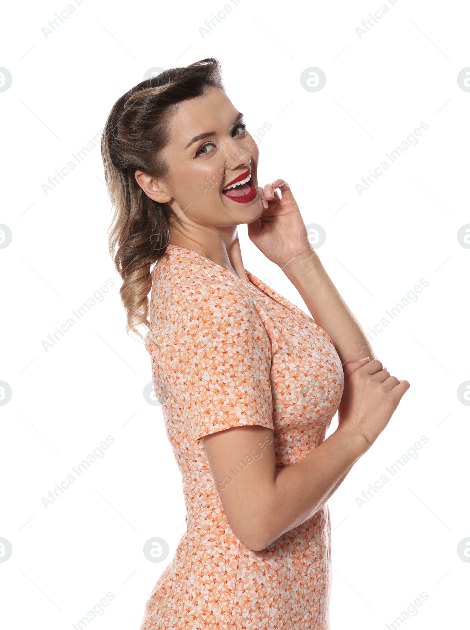 Photo of Happy pin-up woman posing on white background