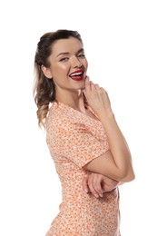 Photo of Happy pin-up woman posing on white background