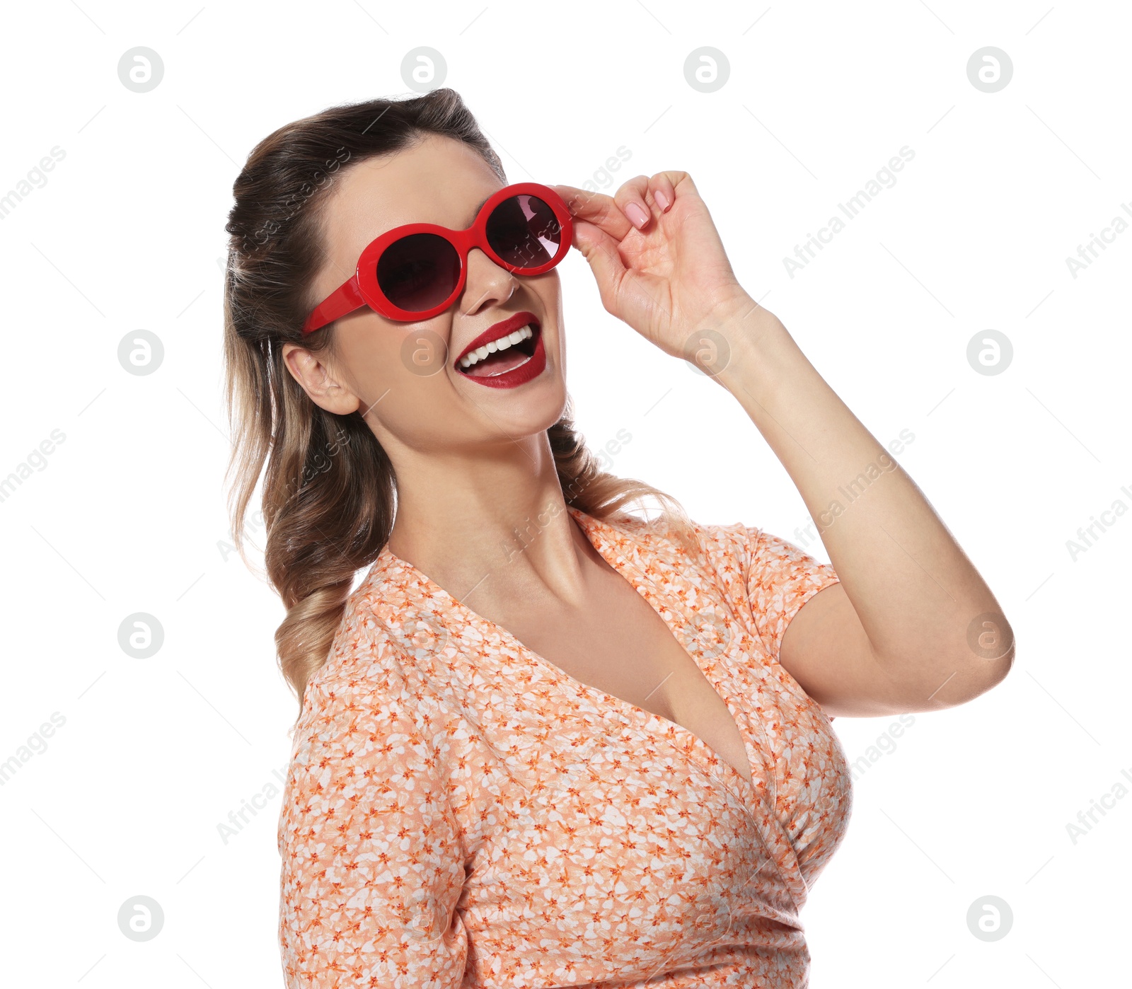 Photo of Happy pin-up woman in sunglasses on white background