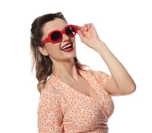 Photo of Happy pin-up woman in sunglasses on white background