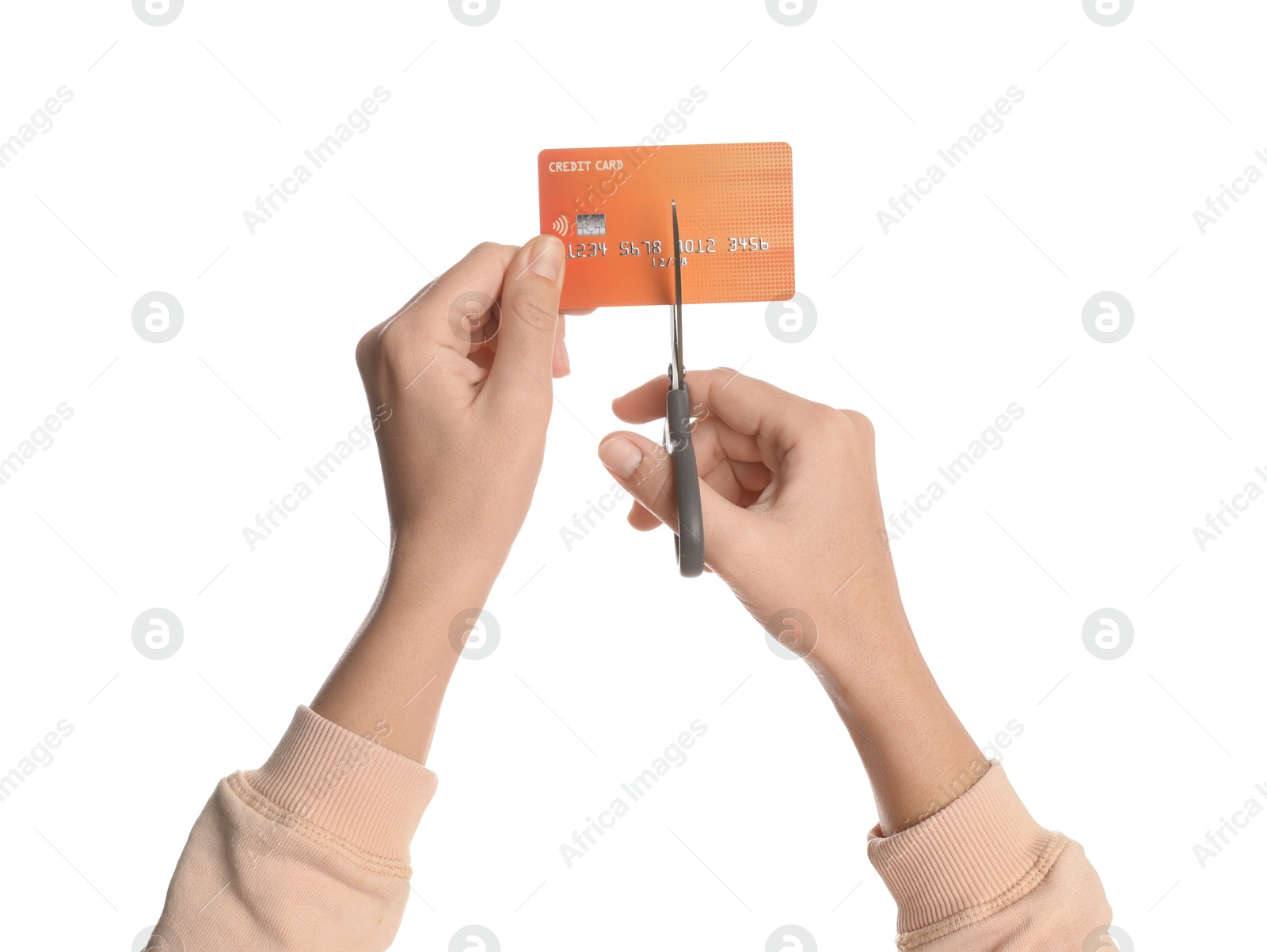 Photo of Woman cutting credit card on white background, closeup