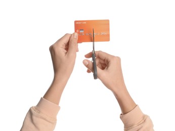 Photo of Woman cutting credit card on white background, closeup