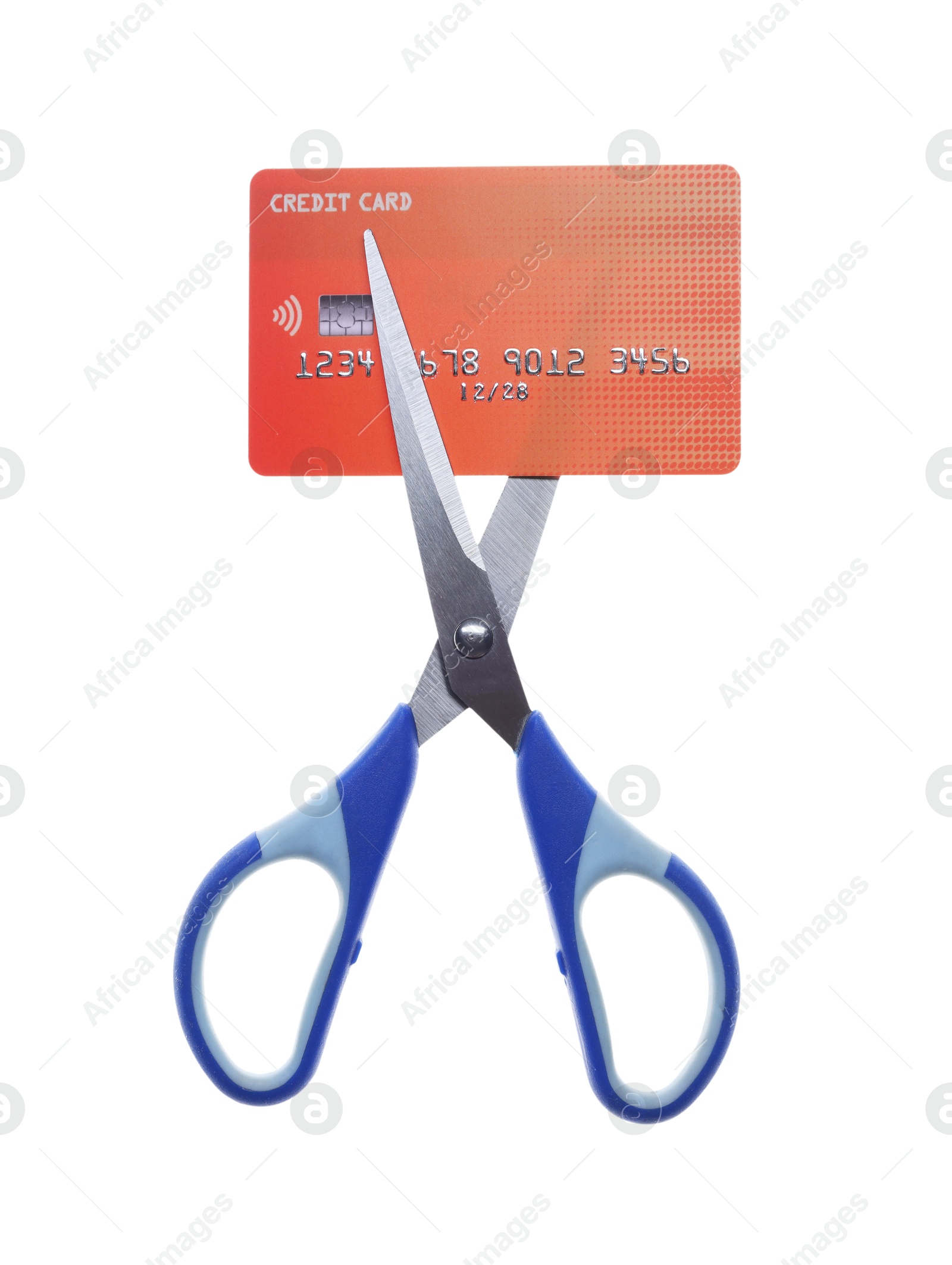 Photo of Credit card and scissors isolated on white