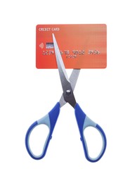 Photo of Credit card and scissors isolated on white